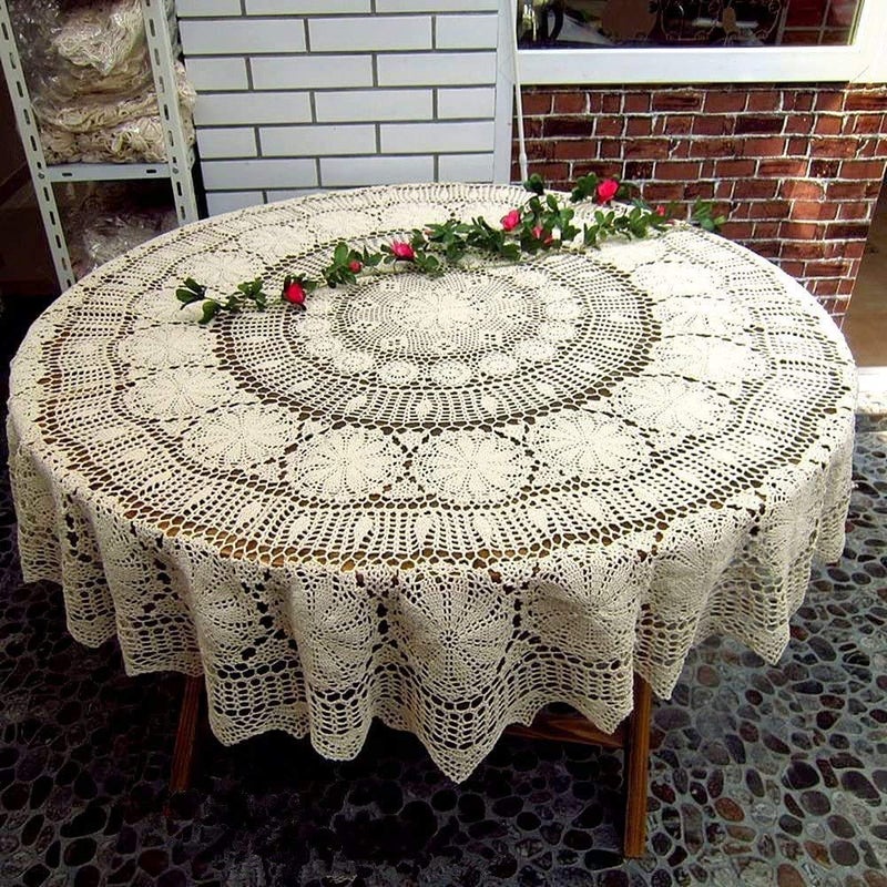 USTIDE 60 inch White Crochet Cotton Lace Tablecloth Elegant Floral Round Table Cloth Lace Dining Table Covers Kitchen Home Decor - Image 1